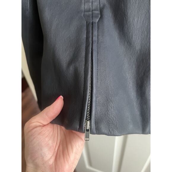 THEORY Women’s Dark Blue Lamb Leather Zip Moto Jacket Sz 12 Career Quiet Luxury - Picture 3 of 12